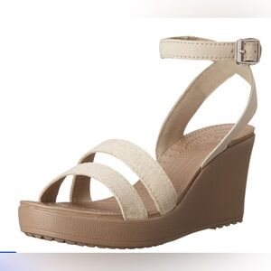 Crocs Leigh ll Wedge Ankle Strap Leather Canvas Easy Faux Buckle